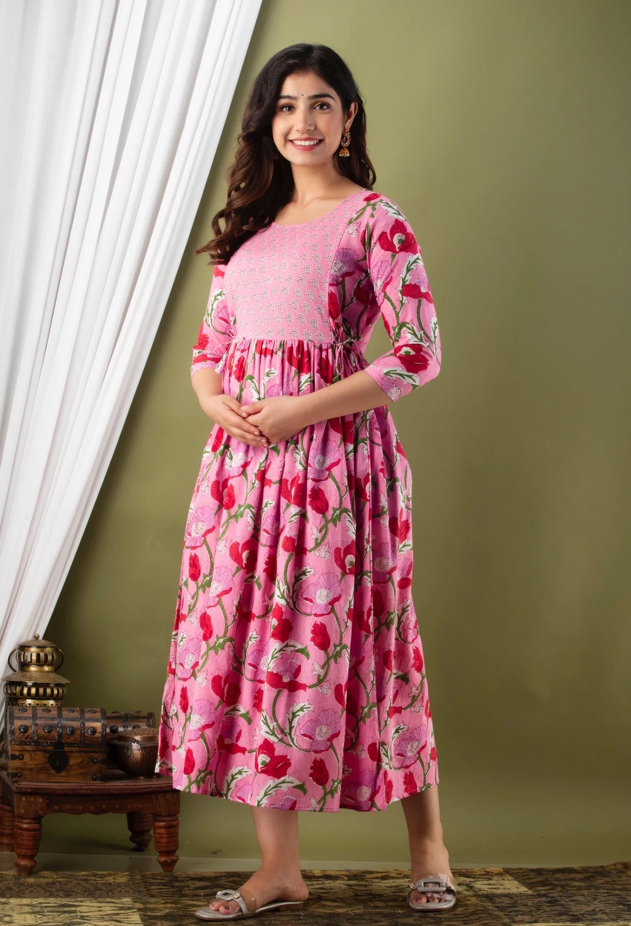 Pink Side Knot Floral Maternity Dress