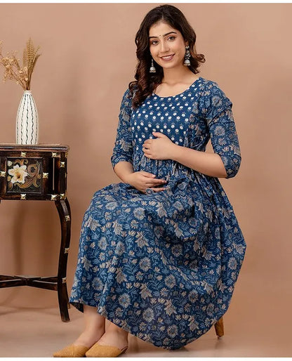 Blue Side Knot floral Maternity Dress