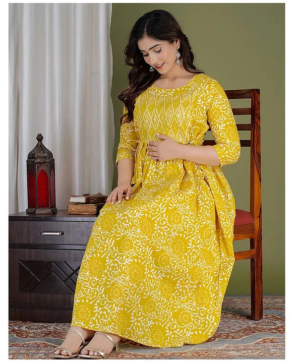 Maternity Dresses - Mustard Floral Side Knot