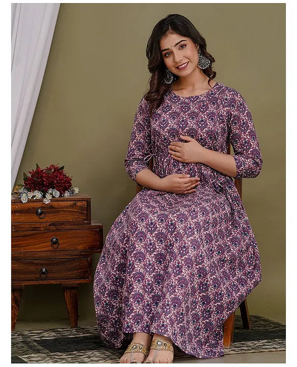 Purple Floral Side Knot Maternity Dress