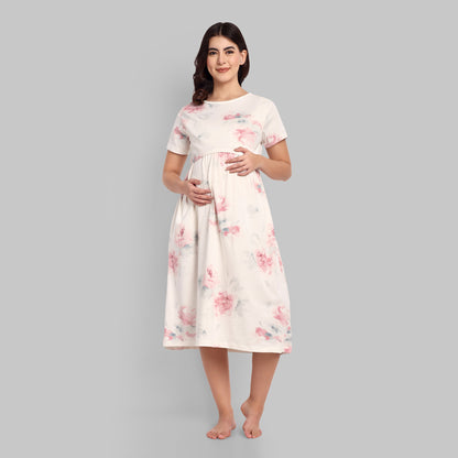 White Marble Midi Maternity Feeding Nightwear