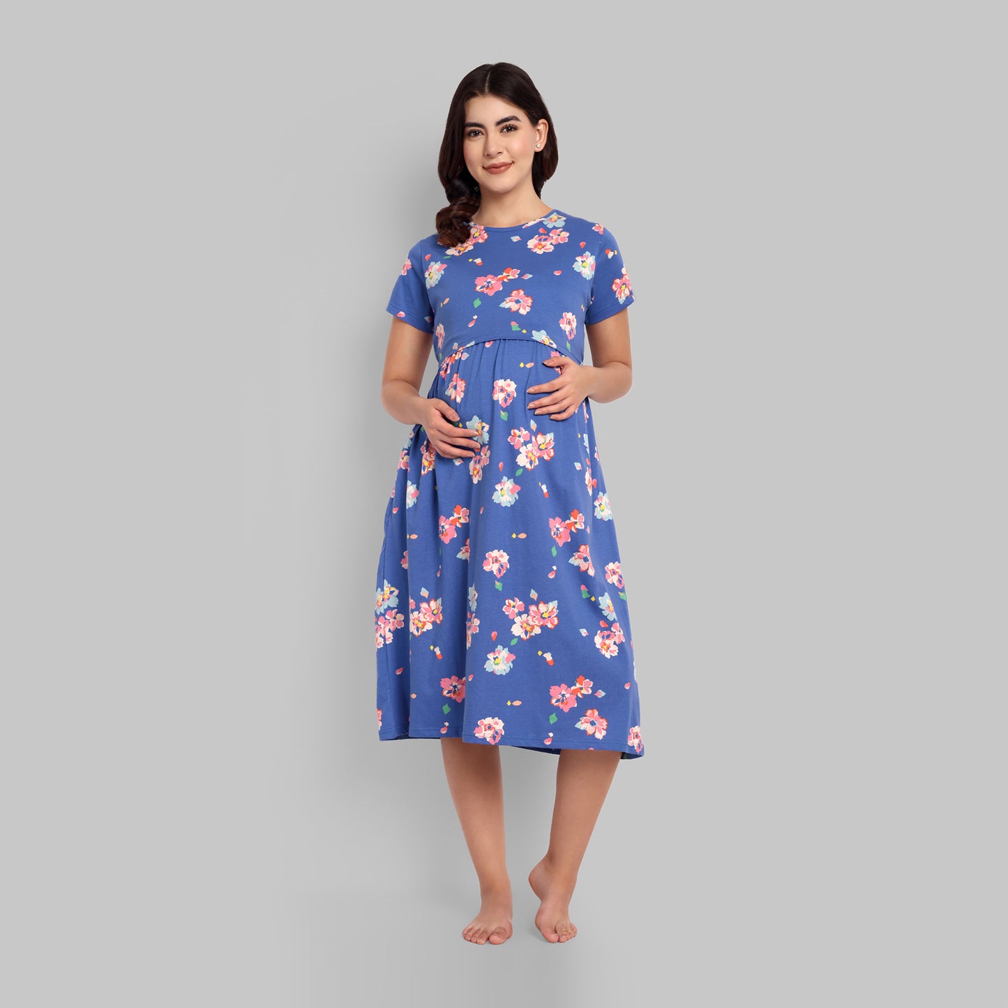 Royal Blue Floral Midi Maternity Feeding Nightwear