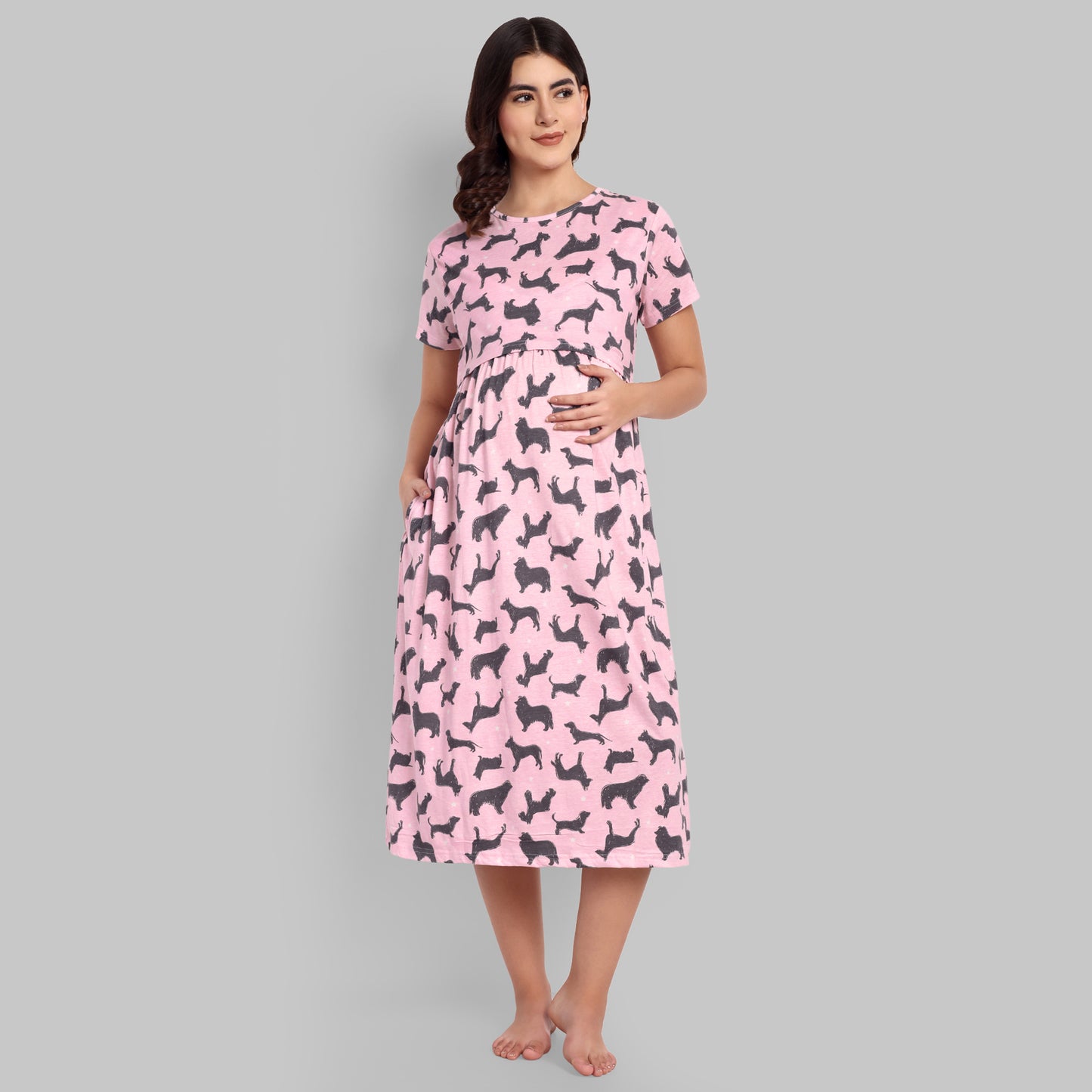 Pink Dog Midi Maternity Feeding Nightwear