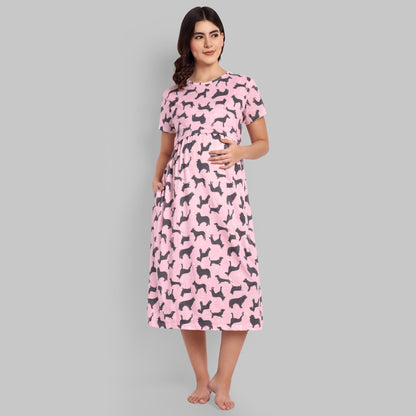 Pink Dog Midi Maternity Feeding Nightwear