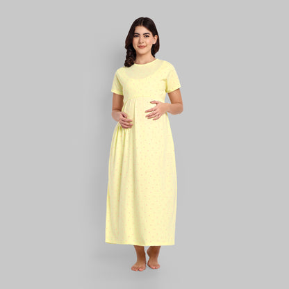 Lemon Polka Full Length Maternity Feeding Nightwear