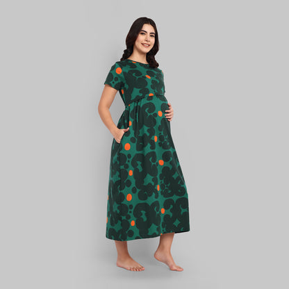 Green Abstract Full Length Maternity Feeding Nightwear