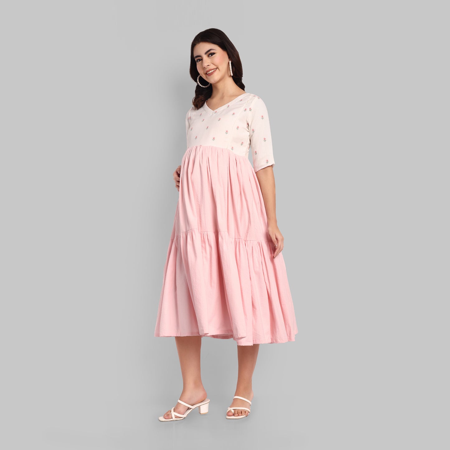 Maternity Dresses - Pink Embroidered