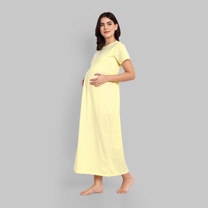 Lemon Polka Full Length Maternity Feeding Nightwear