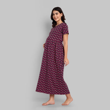 Pink & Black Abstract Feeding Maternity Nightwear