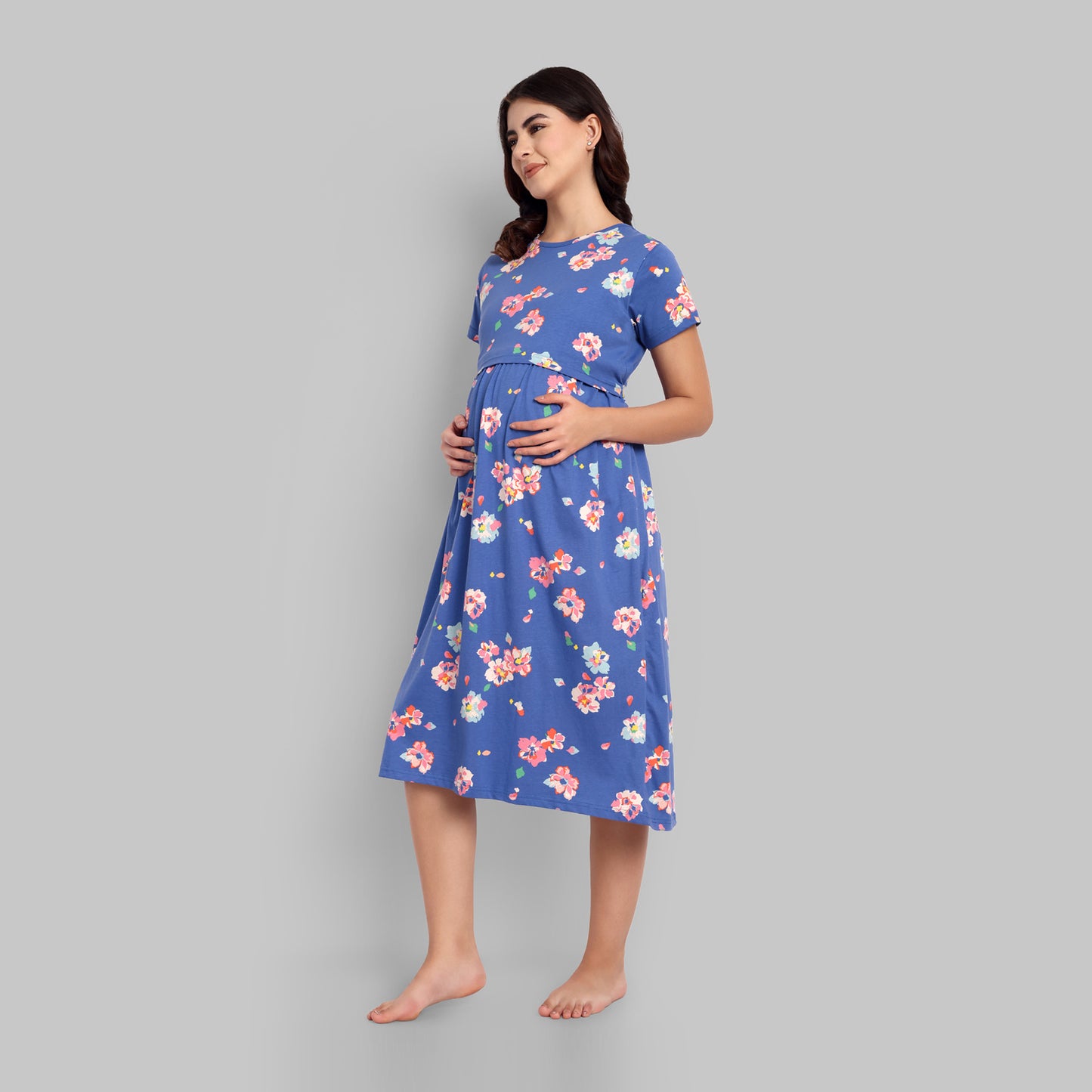 Royal Blue Floral Midi Maternity Feeding Nightwear