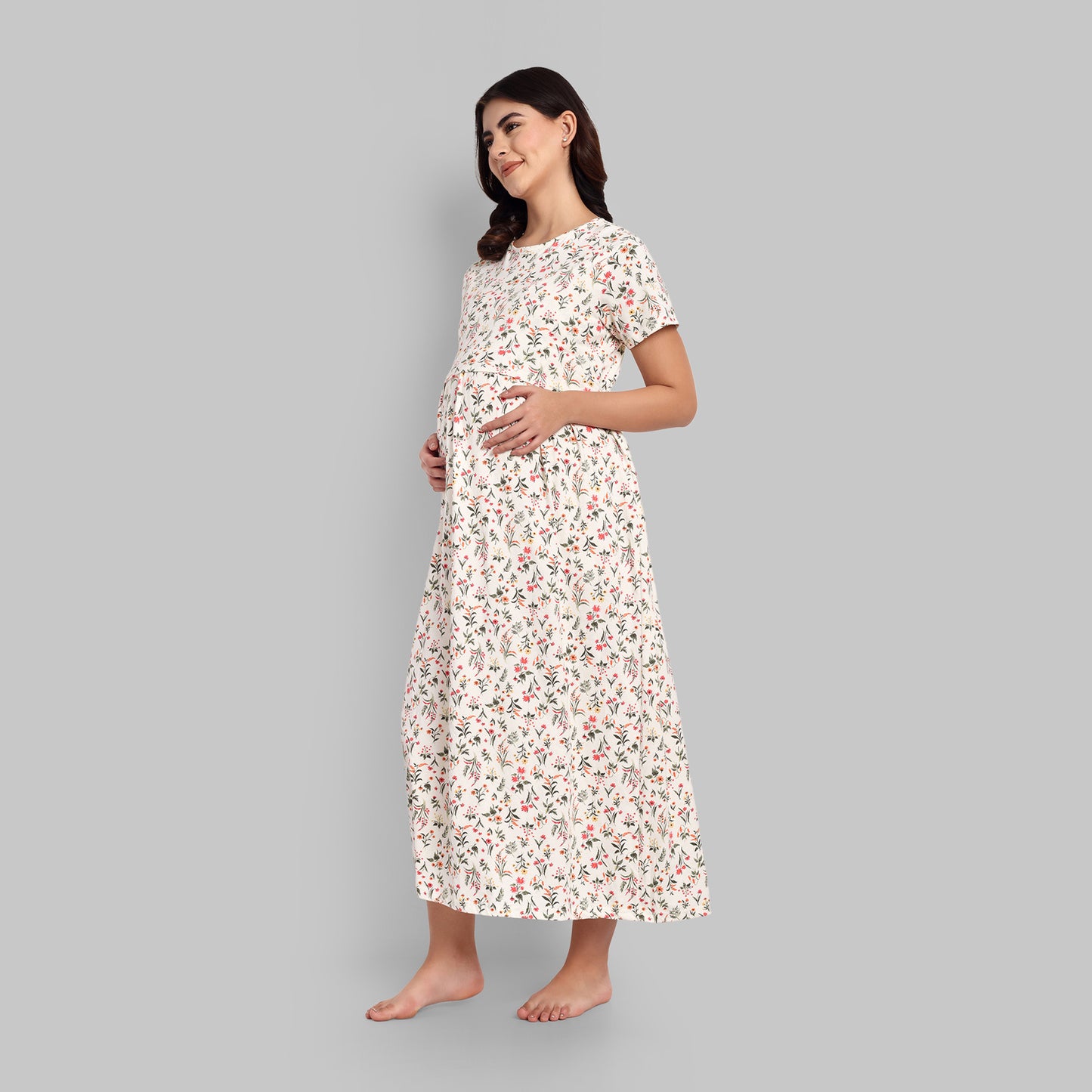 White Multi Floral Full Length Maternity Feeding Nightwear