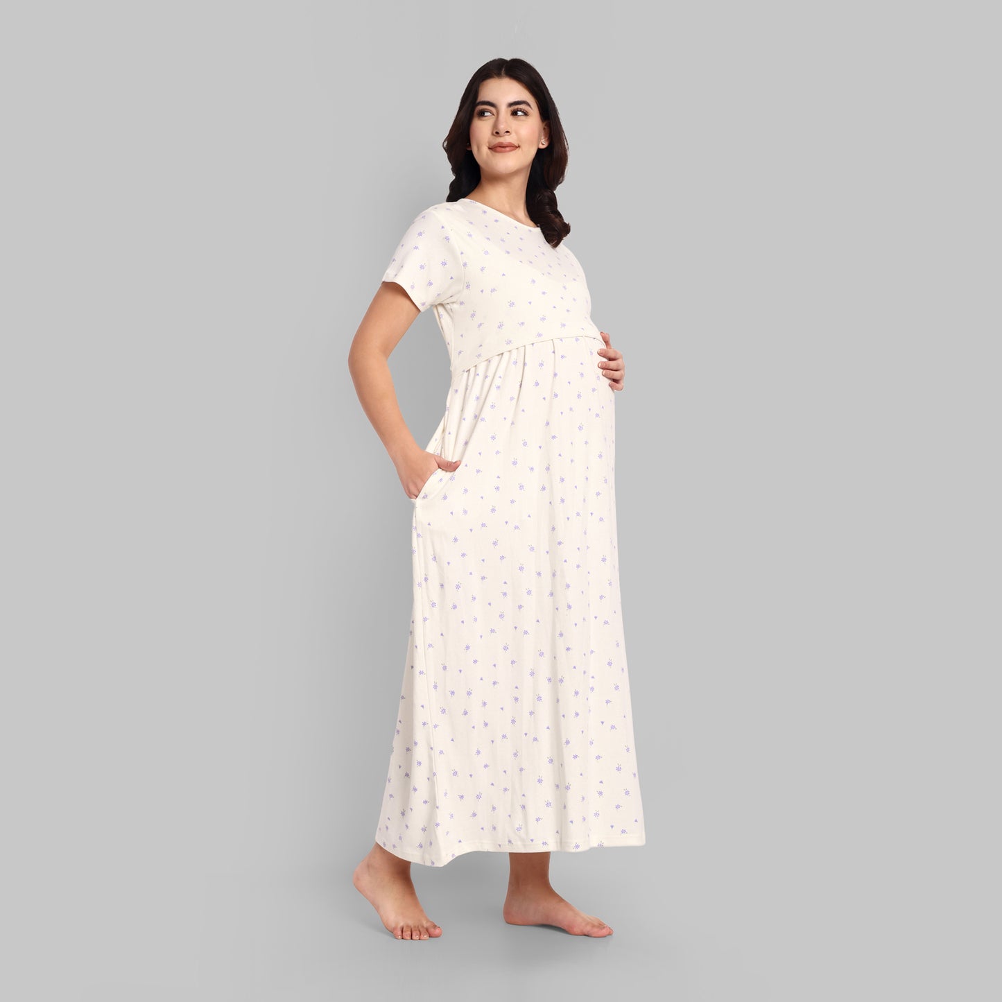 White Floral Full Lenth Maternity Feeding Nightwear