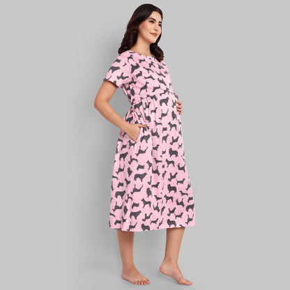 Pink Dog Midi Maternity Feeding Nightwear