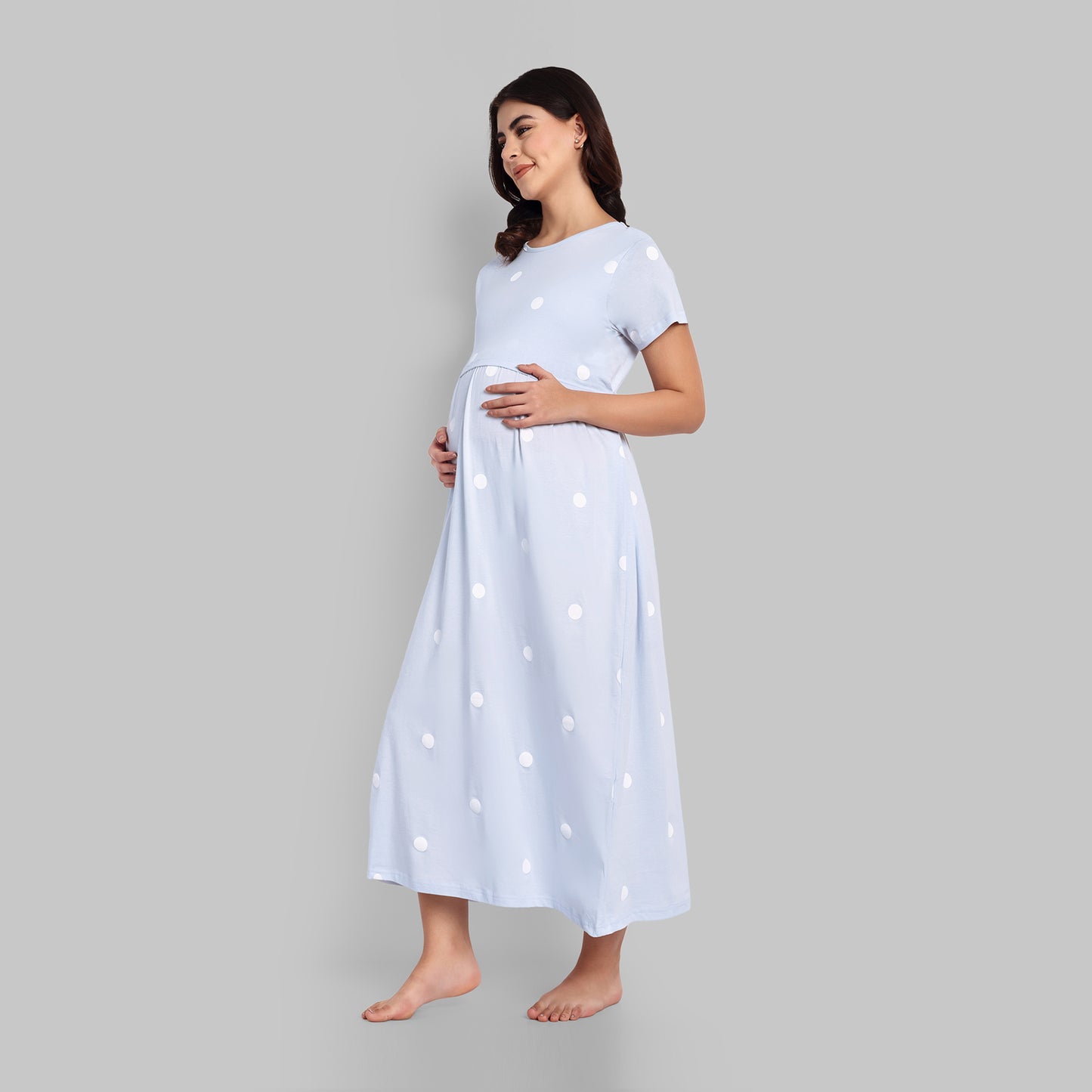 Blue Polka Full Length Maternity Feeding Nightwear