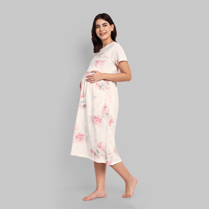 White Marble Midi Maternity Feeding Nightwear