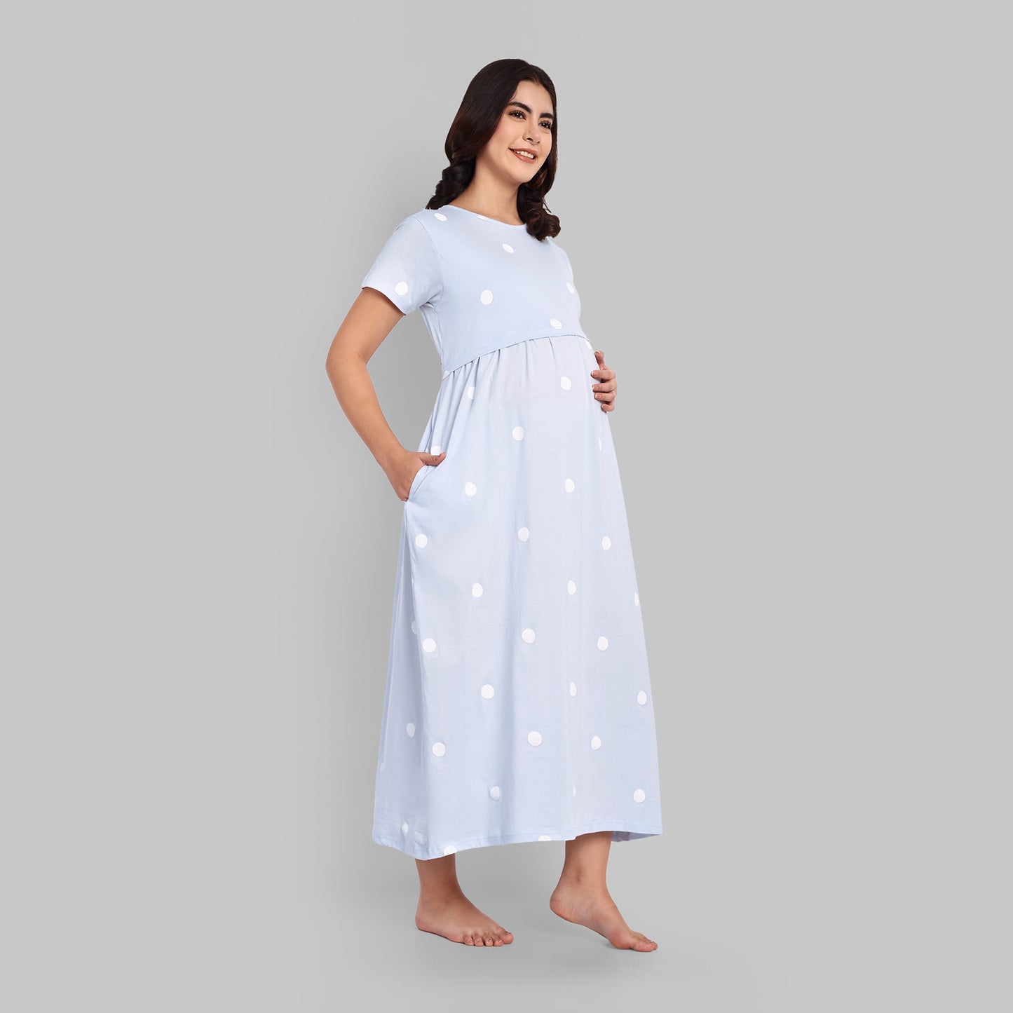 Blue Polka Full Length Maternity Feeding Nightwear