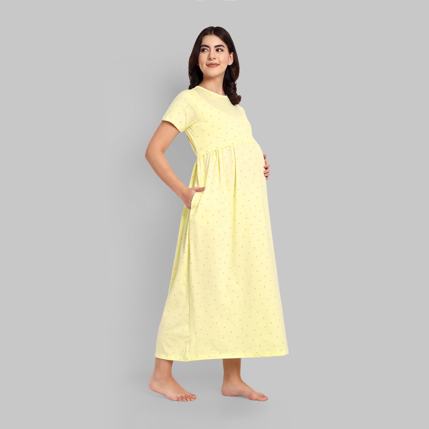 Lemon Polka Full Length Maternity Feeding Nightwear