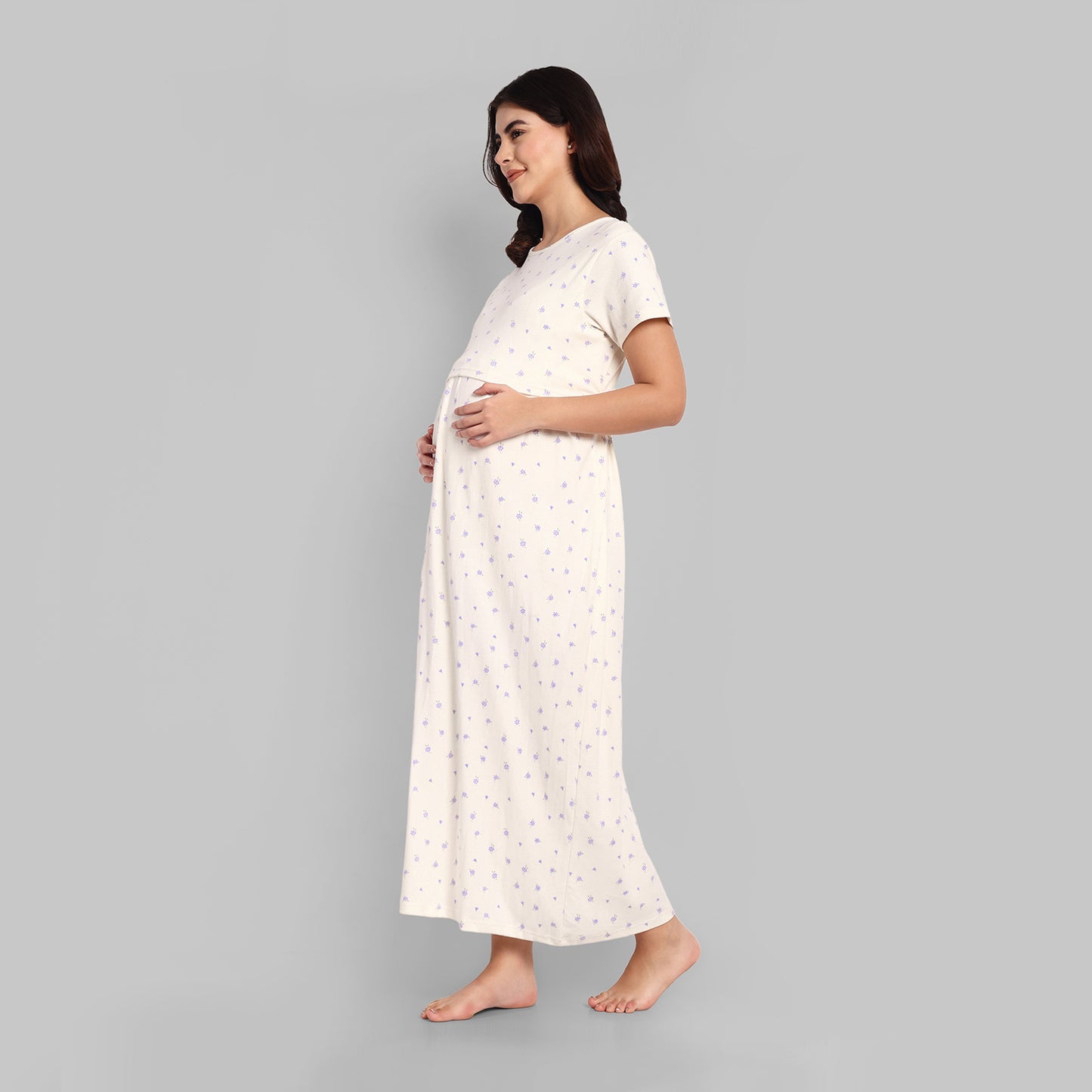 White Floral Full Lenth Maternity Feeding Nightwear