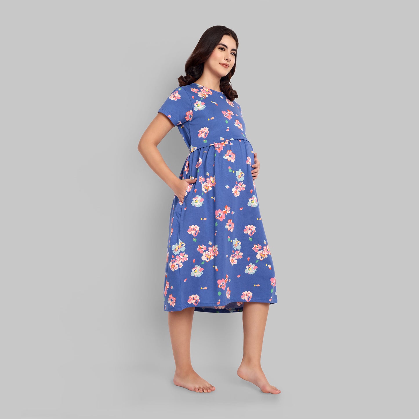 Royal Blue Floral Midi Maternity Feeding Nightwear