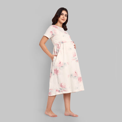 White Marble Midi Maternity Feeding Nightwear