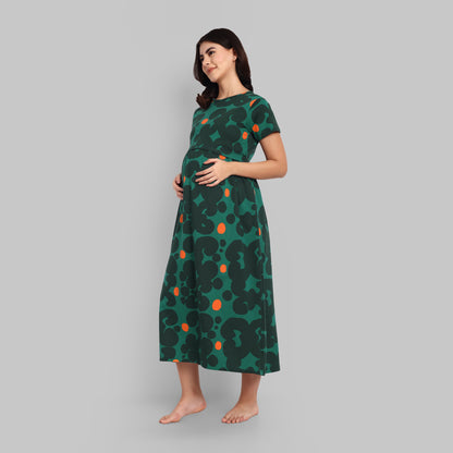 Green Abstract Full Length Maternity Feeding Nightwear