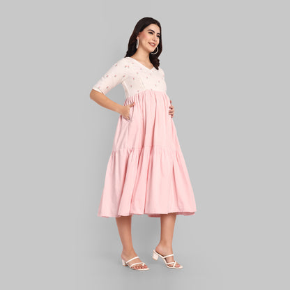 Maternity Dresses - Pink Embroidered