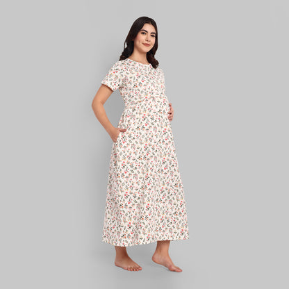 White Multi Floral Full Length Maternity Feeding Nightwear