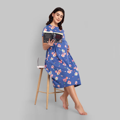 Royal Blue Floral Midi Maternity Feeding Nightwear