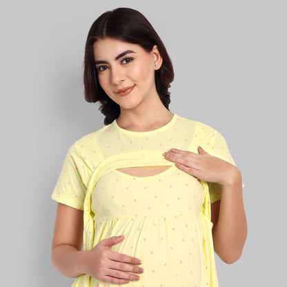 Lemon Polka Full Length Maternity Feeding Nightwear