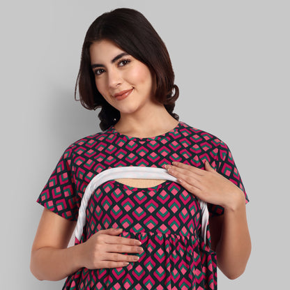 Pink & Black Abstract Feeding Maternity Nightwear