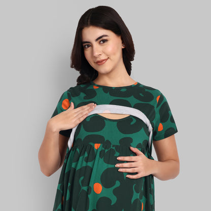 Green Abstract Full Length Maternity Feeding Nightwear