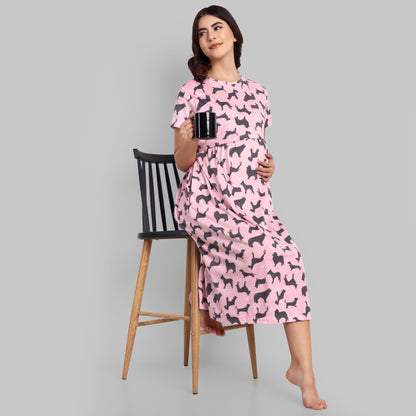 Pink Dog Midi Maternity Feeding Nightwear