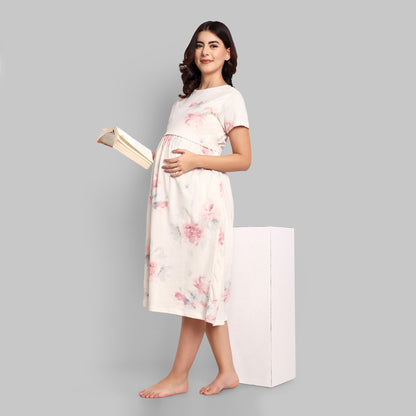 White Marble Midi Maternity Feeding Nightwear