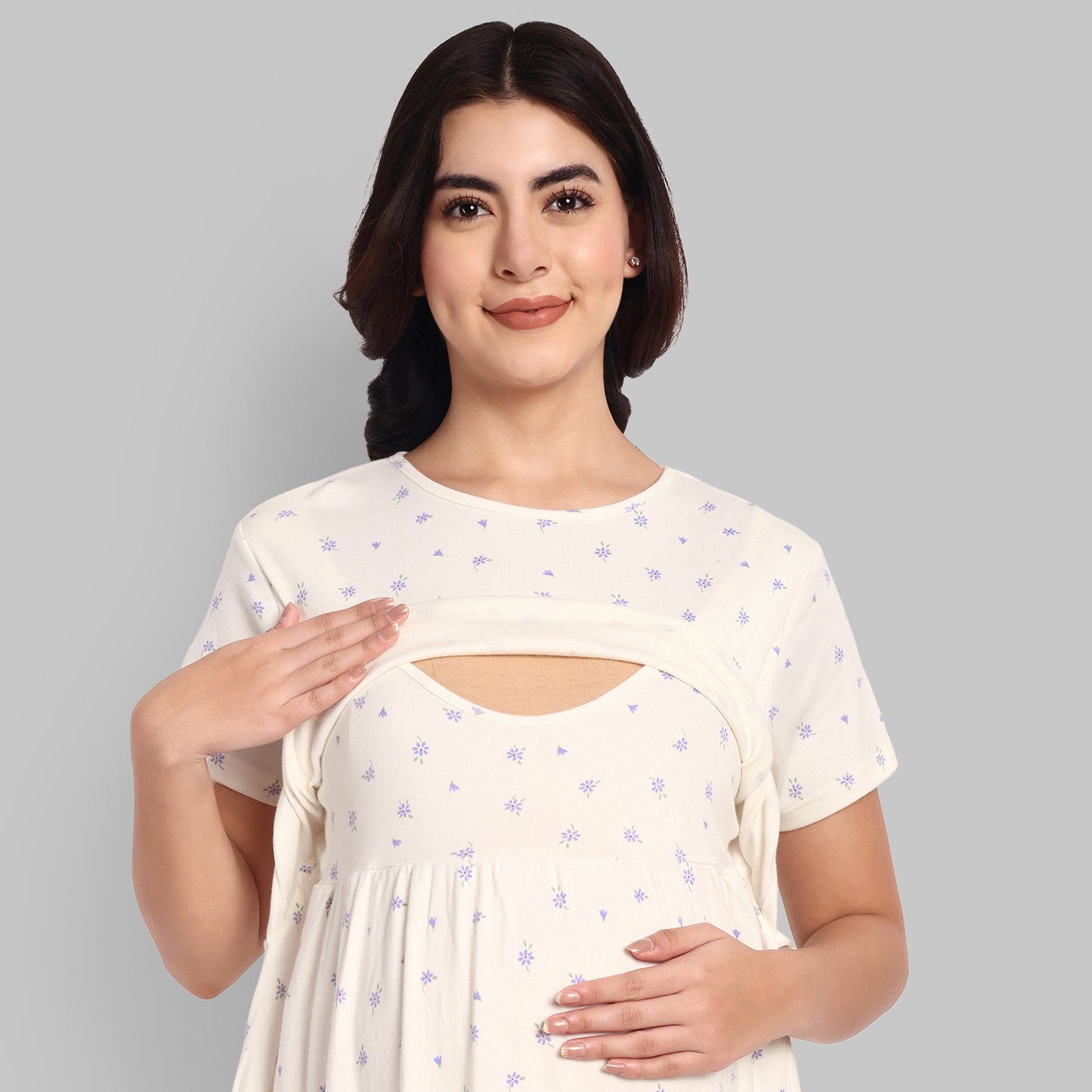 White Floral Full Lenth Maternity Feeding Nightwear