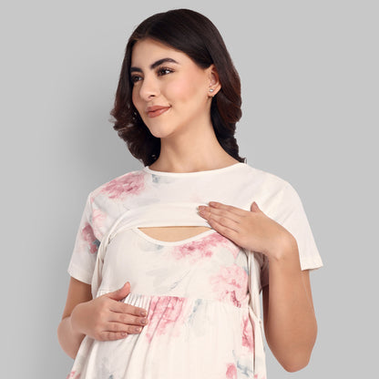 White Marble Midi Maternity Feeding Nightwear