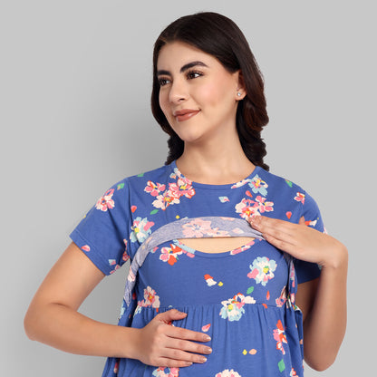 Royal Blue Floral Midi Maternity Feeding Nightwear