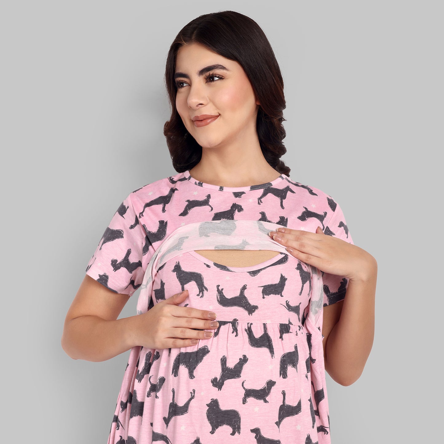 Pink Dog Midi Maternity Feeding Nightwear