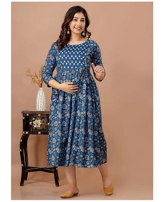 Blue Side Knot floral Maternity Dress in Online